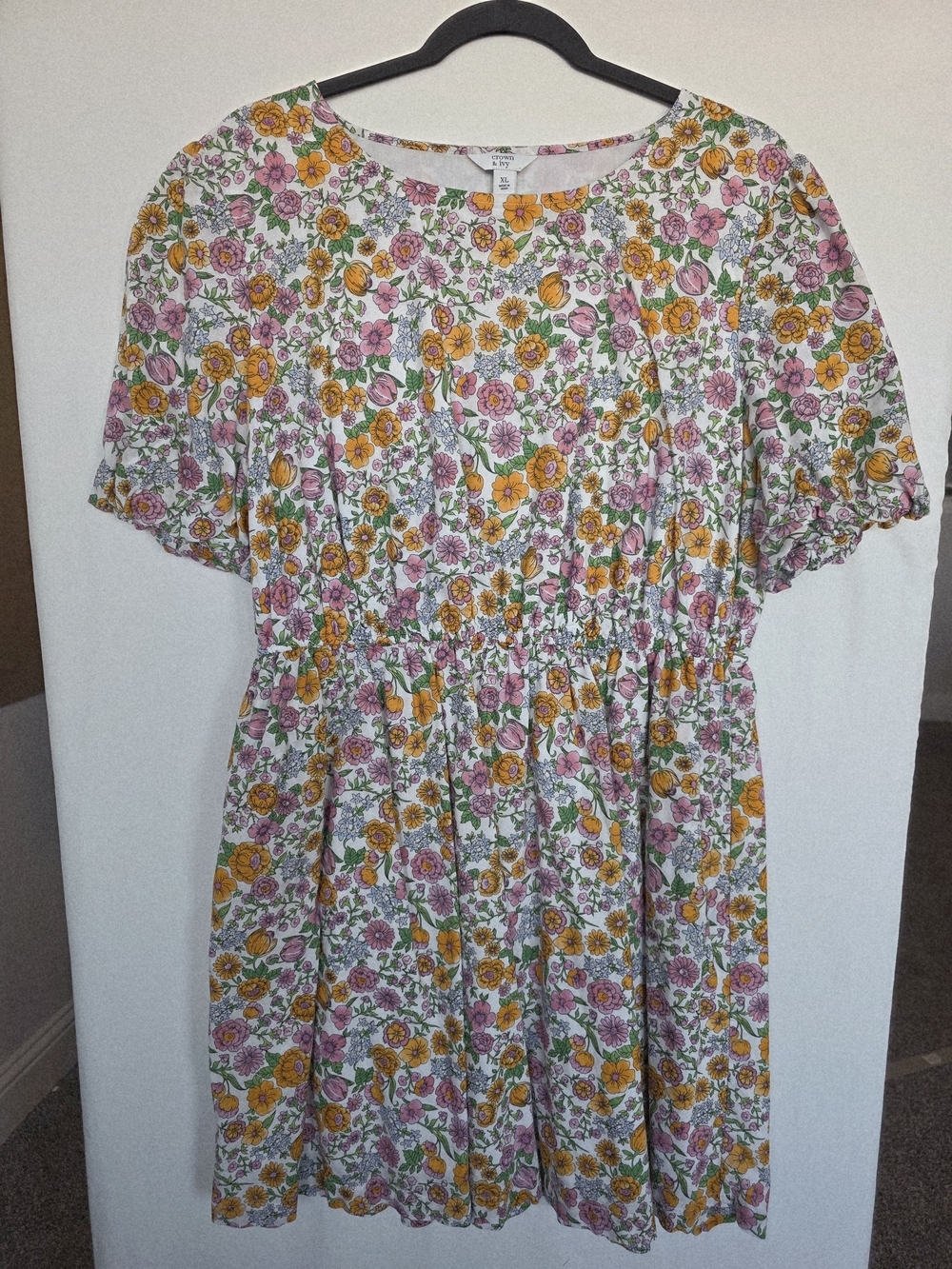 Crown & Ivy Floral Puff Sleeve Smocked Mini Dress XL EUC Cottagecore Boho